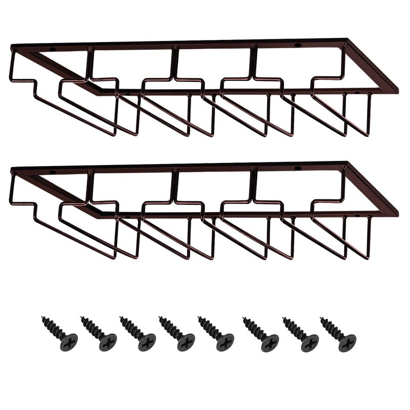 MOCOUM Wine Glasses Rack Under Cabinet Stemware Rack, Wine Glass Hanger Rack Wire Wine Glass Holder Storage Hanger for Cabinet Kitchen Bar (Brown, 4 Rows 2 Pack) - Image 1